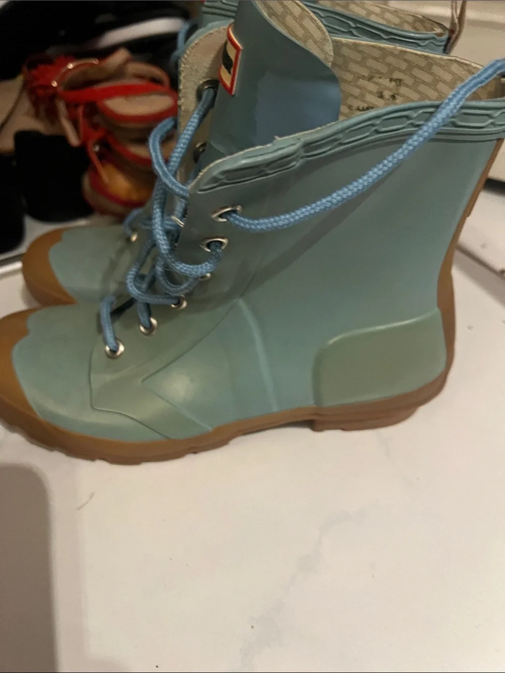 Hunter Two-Tone Lace-Up Rain Boots in Seafoam Green and Brown - Picture 3 of 6